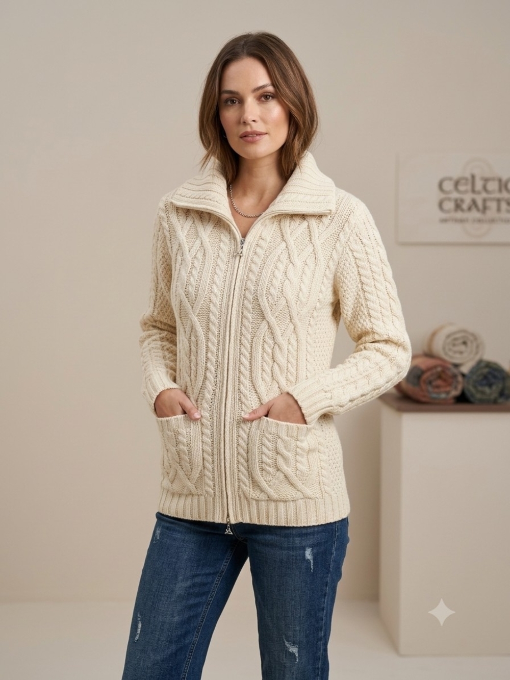 Aran Crafts Ireland 100% Merino Wool Full Zip Cable Knit Cardigan Sweater